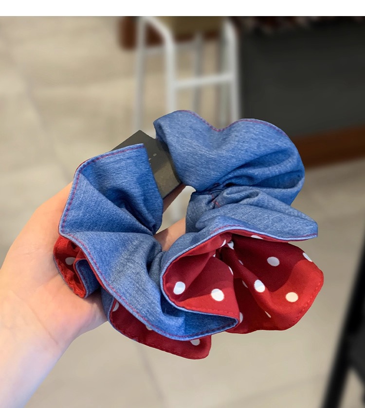 High-end AB side denim blue polka dot pleated fat intestine band double-layer hair binding three-dimensional durable leather band hair band purchased through a Korean agent pic 3