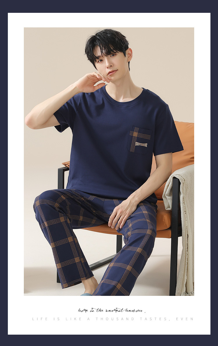 Summer pure cotton pajamas for men, cartoon casual short-sleeved shirts and long pants, pure cotton comfortable home wear, summer youth student set pic 10