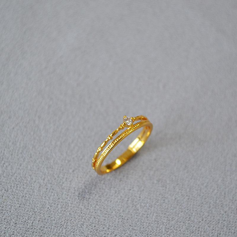 日系小众轻奢复古简约双层线条锆石闪钻黄铜镀金叠戴细戒指食指戒详情7