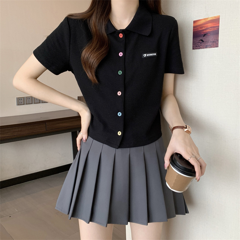 夏季大码胖mm学院风减龄彩色扣polo领正肩黑色短袖T恤女小衫上衣详情4
