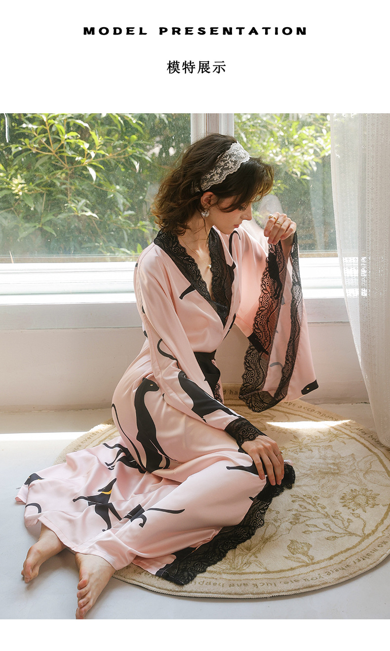 Feiyun retro leopard print lace patchwork sexy long bathrobe Pink silk lace-up Home gown 943 pic 7