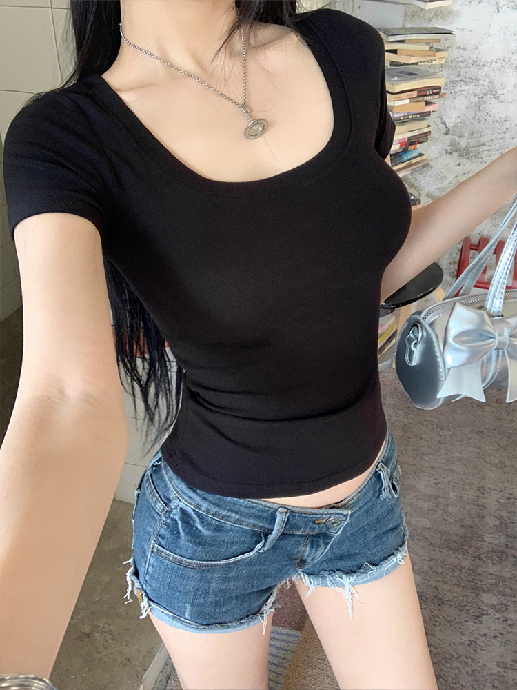 2025新款女式紧身T恤 大U领低领设计 显瘦百搭夏季短款上衣 小个子女生专享 短袖T恤打底衫详情11