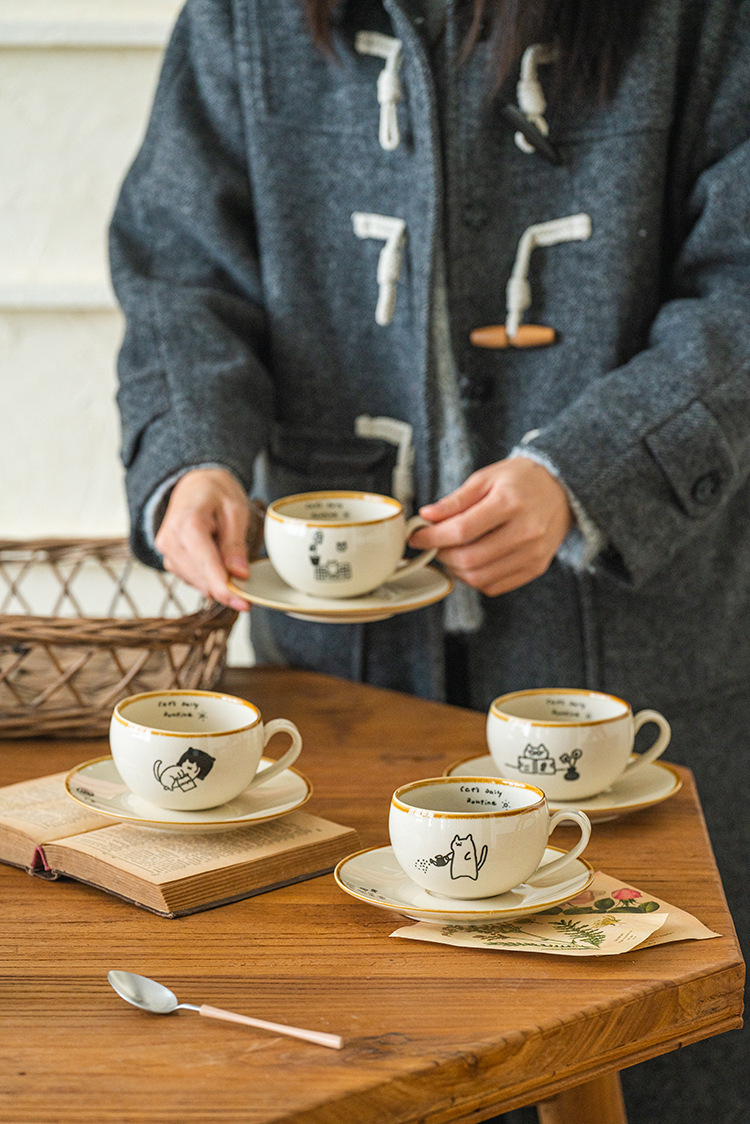 可爱卡通治愈插画日式猫咪陶瓷咖啡杯碟下午茶拿铁拉花杯高级感咖啡具套装详情9