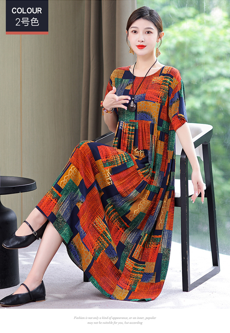 妈妈棉绸连衣裙夏季中老年女装短袖高端气质外贸人造棉裙子有口袋详情17