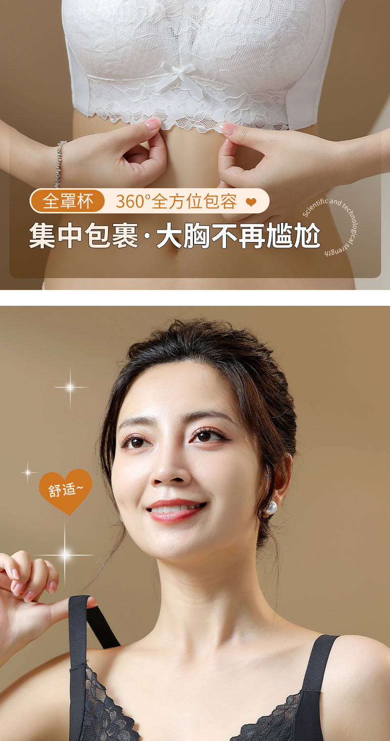 蕾丝内衣女大胸显小薄款聚拢显瘦防下垂收副乳透气无钢圈调整文胸详情9