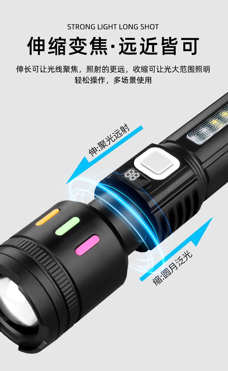 跨境爆款白激光手电筒多功能数显变焦手电筒户外远近双光源手电筒详情8