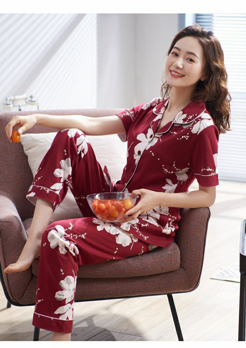100%纯棉睡衣女夏季薄款短袖长裤大码家居服套装夏可外穿详情4