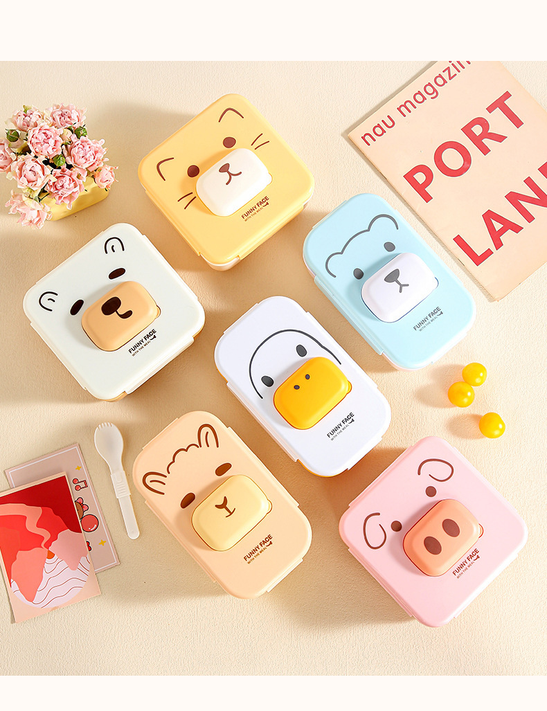Cute compartments student lunch box that can be heated in a microwave oven. Home cartoon bento box. Office worker lunch box with tableware pic 8