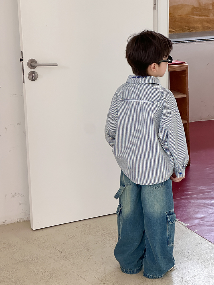 艾摩贝贝2024秋男女童竖条纹刺绣水洗全棉衬衫中大童气质翻领上衣详情19
