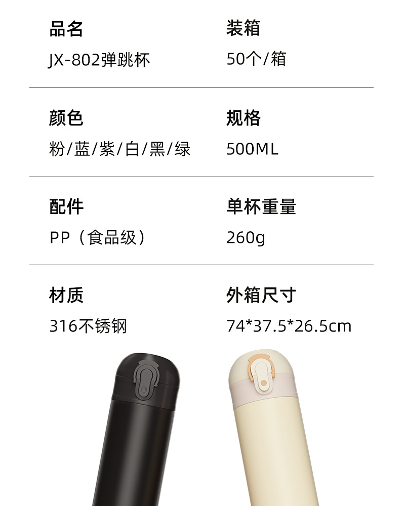 简约ins316不锈钢弹跳保温杯男女高颜值加厚真空时尚保冷水杯批发详情8