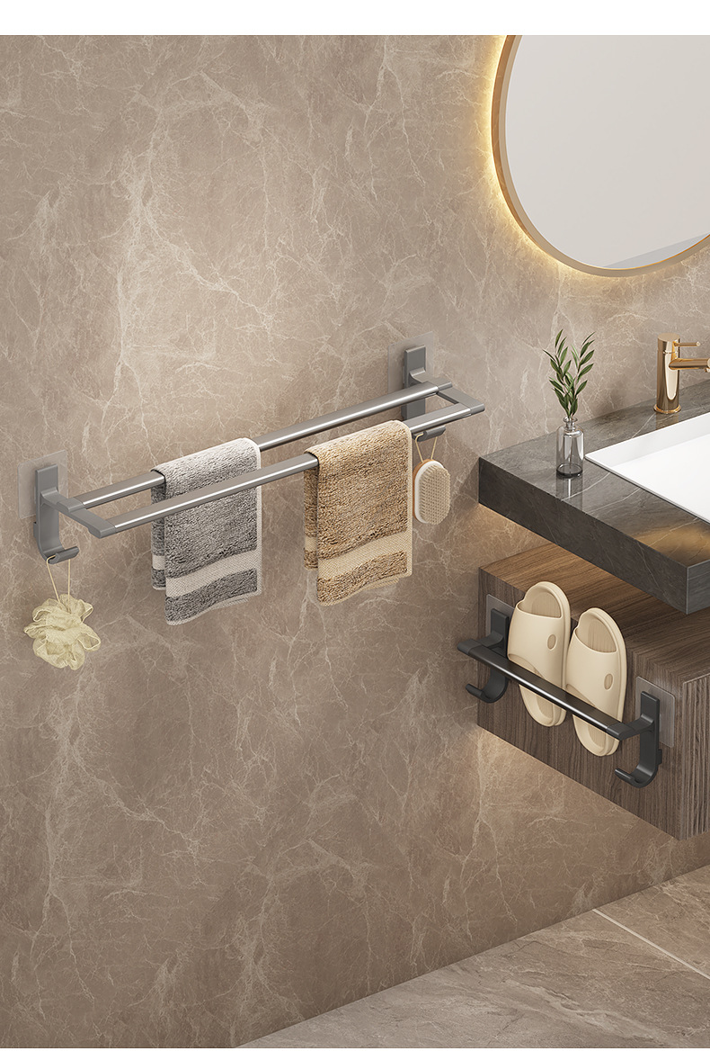 免打孔毛巾架卫生间浴室壁挂式毛巾杆置物架厕所洗手间收纳挂架详情18