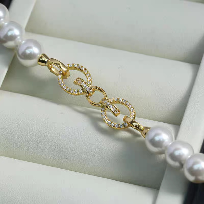 Micro-inlaid T-shaped zircon 18K gold-plated color retention double-ring pearl buckle bracelet, sweater necklace, camellia diy accessory matching pic 4