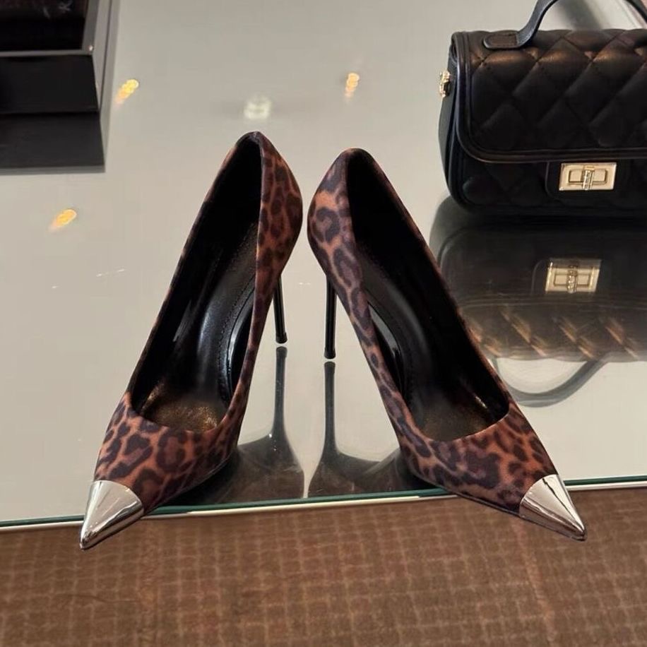 2025 New style of niche design metal iron head leopard print pointed toe high heels with a shallow opening of 10 cm and a thin heel, single shoe for women pic 10