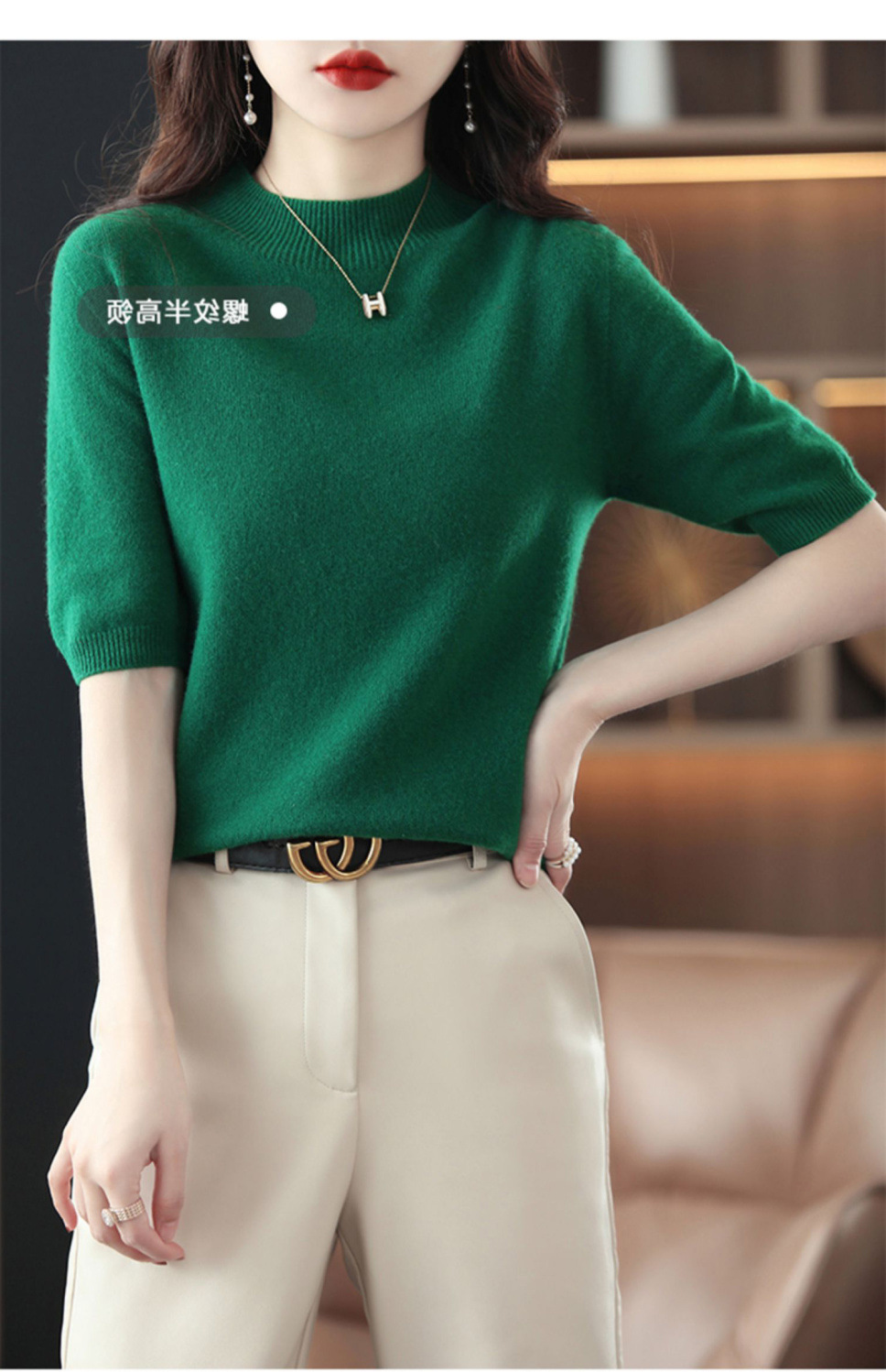 A semi-high-neck casual knitted sweater for women in spring 2023, in a solid color, paired with a half-sleeved base layer sweater T-shirt pic 8