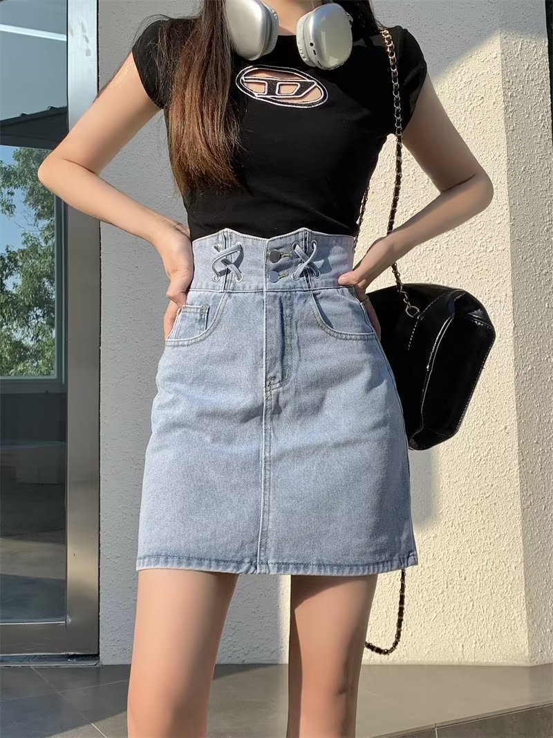 2023夏季韩版ins设计感高腰牛仔短裙女显瘦A字学生百搭包臀半身裙详情3