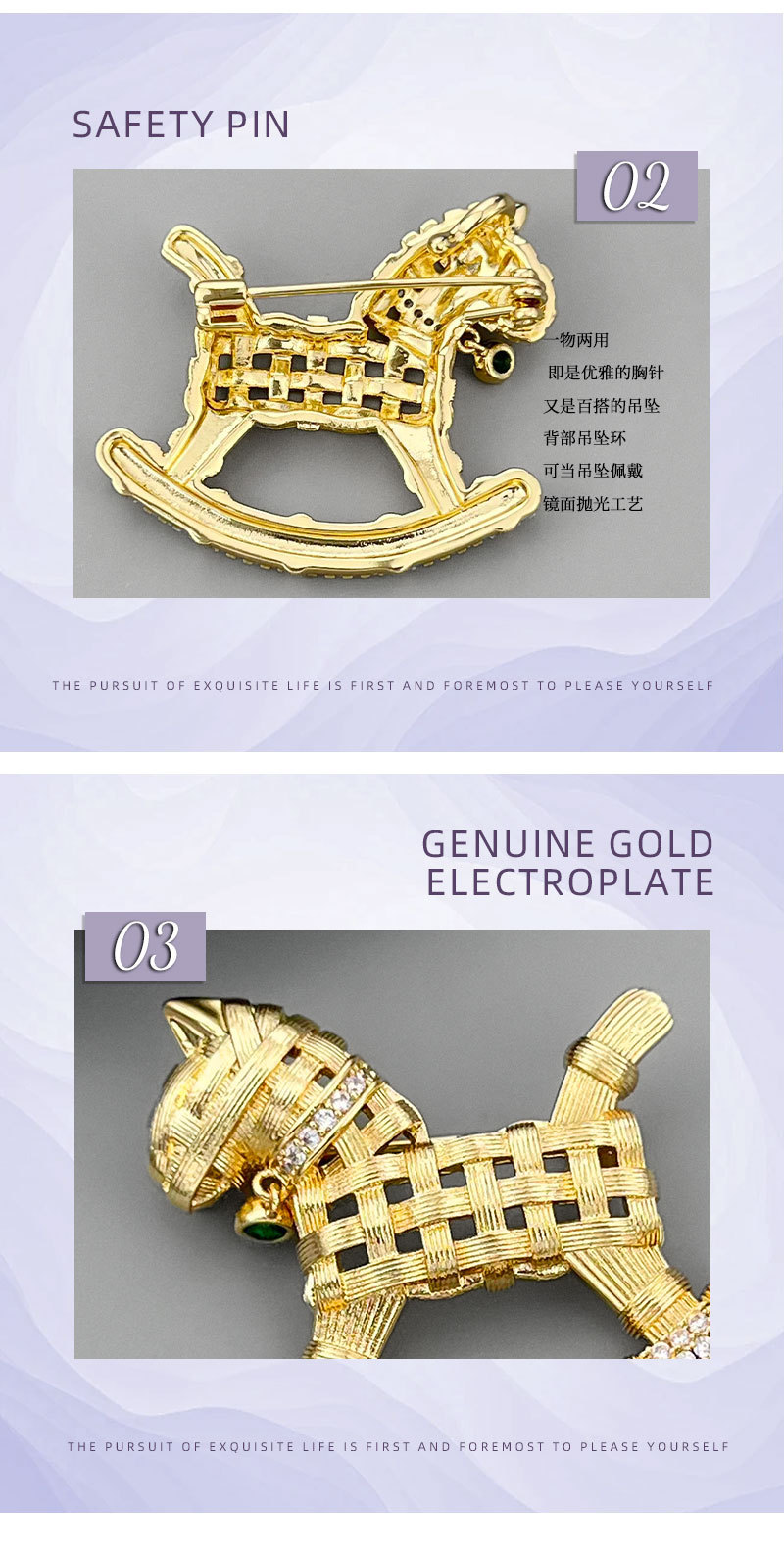 Diseño original niño bonito trenzado patrón con circonio agitador caballo broche aleación de cobre oro real chapado delicado pin broche pic 18