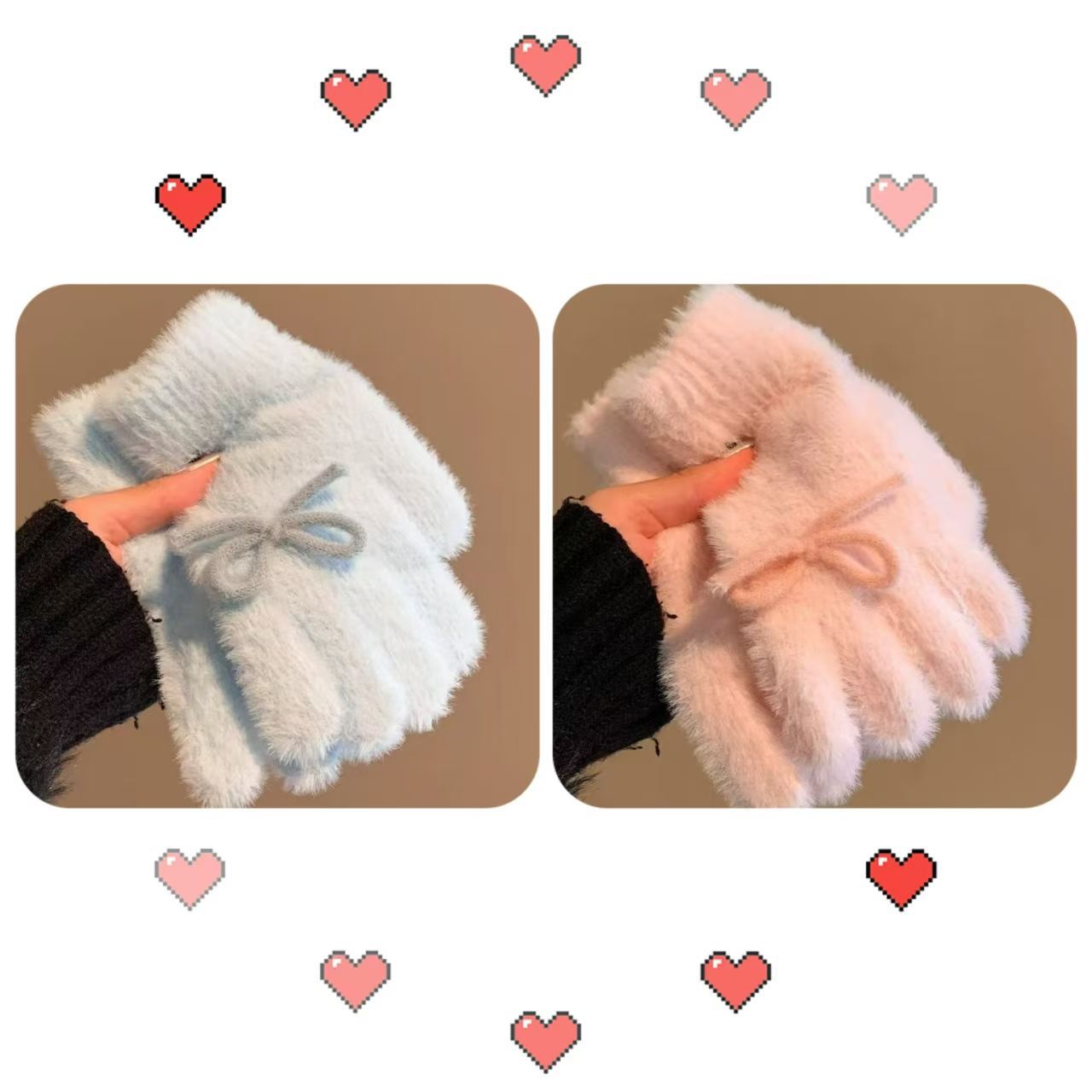 奶蓝奶粉毛绒针织手套女冬季可爱蝴蝶结加厚分指防冻学生骑行保暖详情1