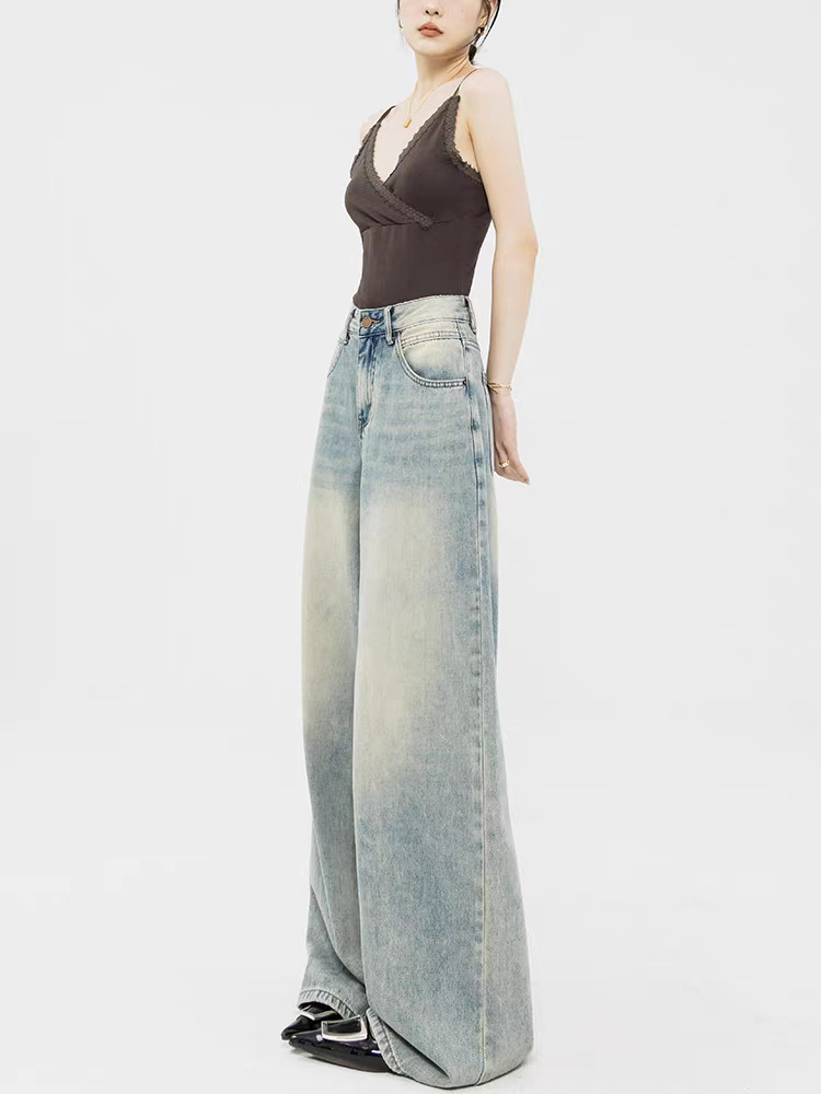 Custom-made retro light-colored straight-leg jeans with a high-waisted, loose design, floor-length wide-leg pants, suitable for all seasons pic 7