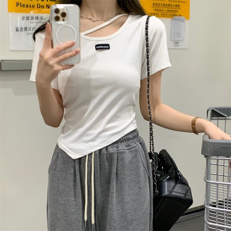 不规则设计感短袖T恤女夏季韩版2023新款辣妹风欲白色打底上衣详情15