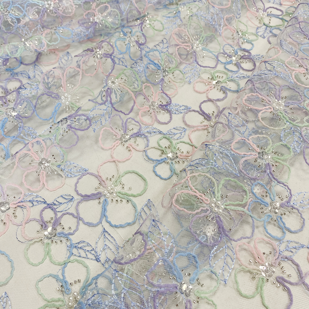 现货时尚彩色多色盘带蕾丝珠子绣花童装女装婚纱礼服面料LACE详情7