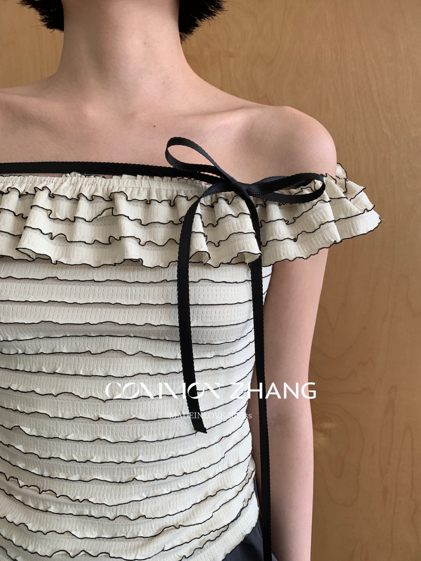 CZ ZHANG Summer French lace one-shoulder off-the-shoulder, contrasting color striped waist-cinching slim shirt B23795 pic 31