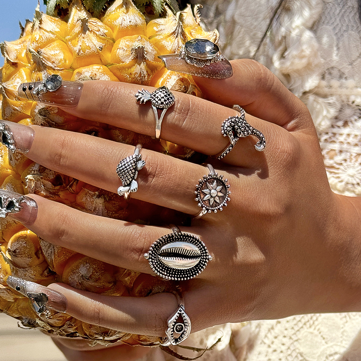 欧美跨境波西米亚海星扇贝戒指 沙滩风椰树蝴蝶雕花复古戒指套装详情4