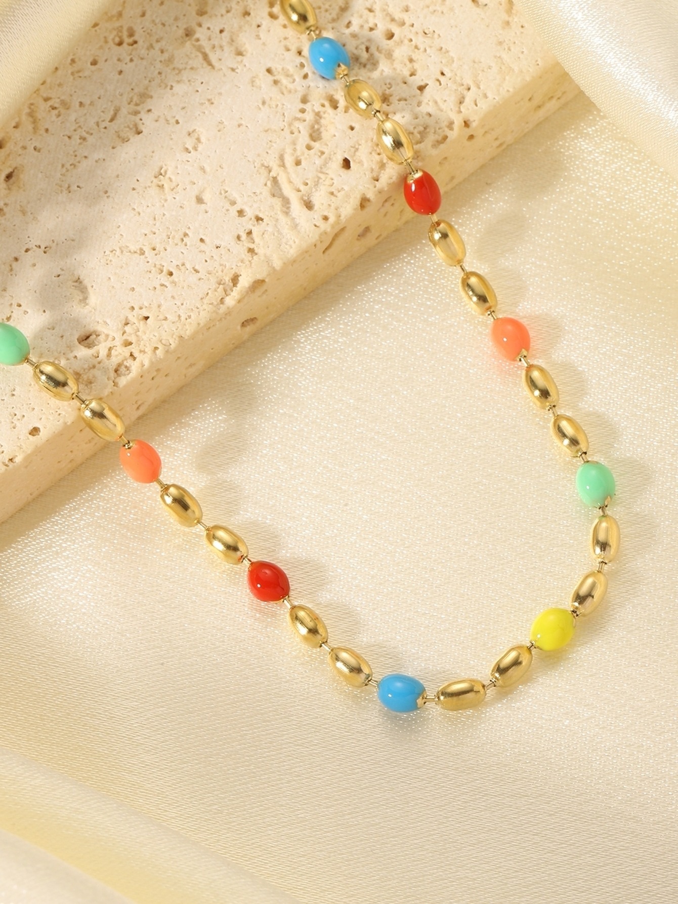 Colorful rice bead necklace, ordinary chain, fresh, simple and niche titanium steel necklace pic 6