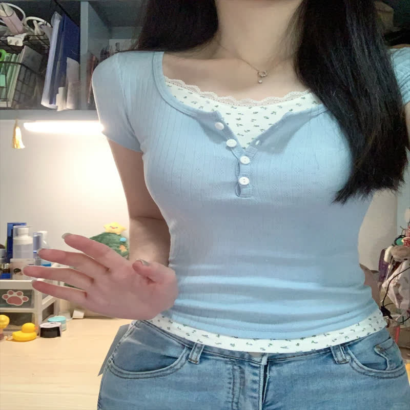 纯欲蕾丝正肩短袖T恤女夏季蓝色多巴胺bm假两件碎花修身短款上衣详情13