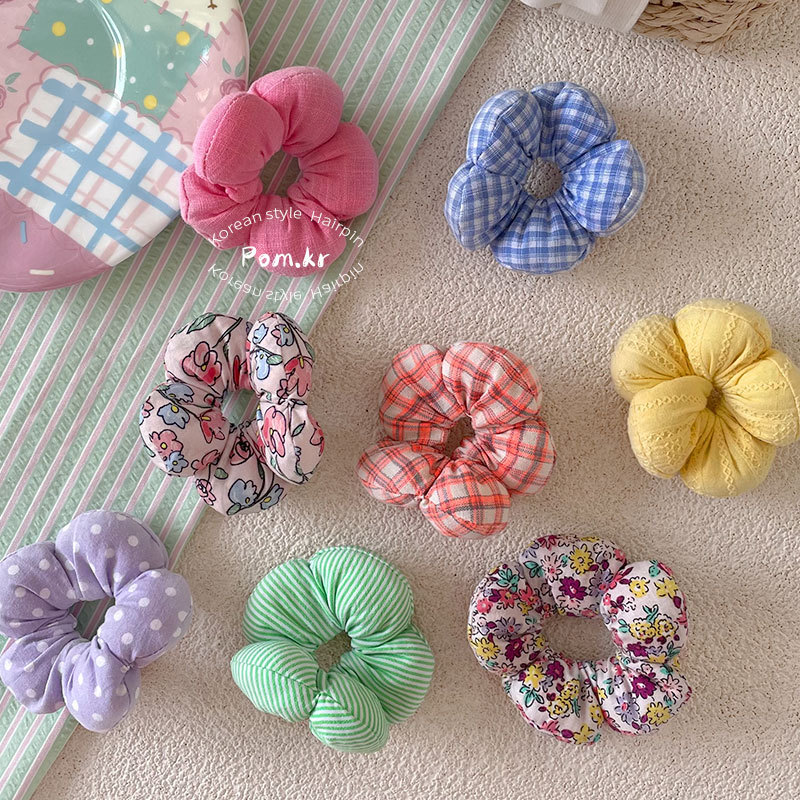 新款韩版甜美儿童发圈布艺格纹花朵充棉丸子头发绳小号皮筋发饰女详情8