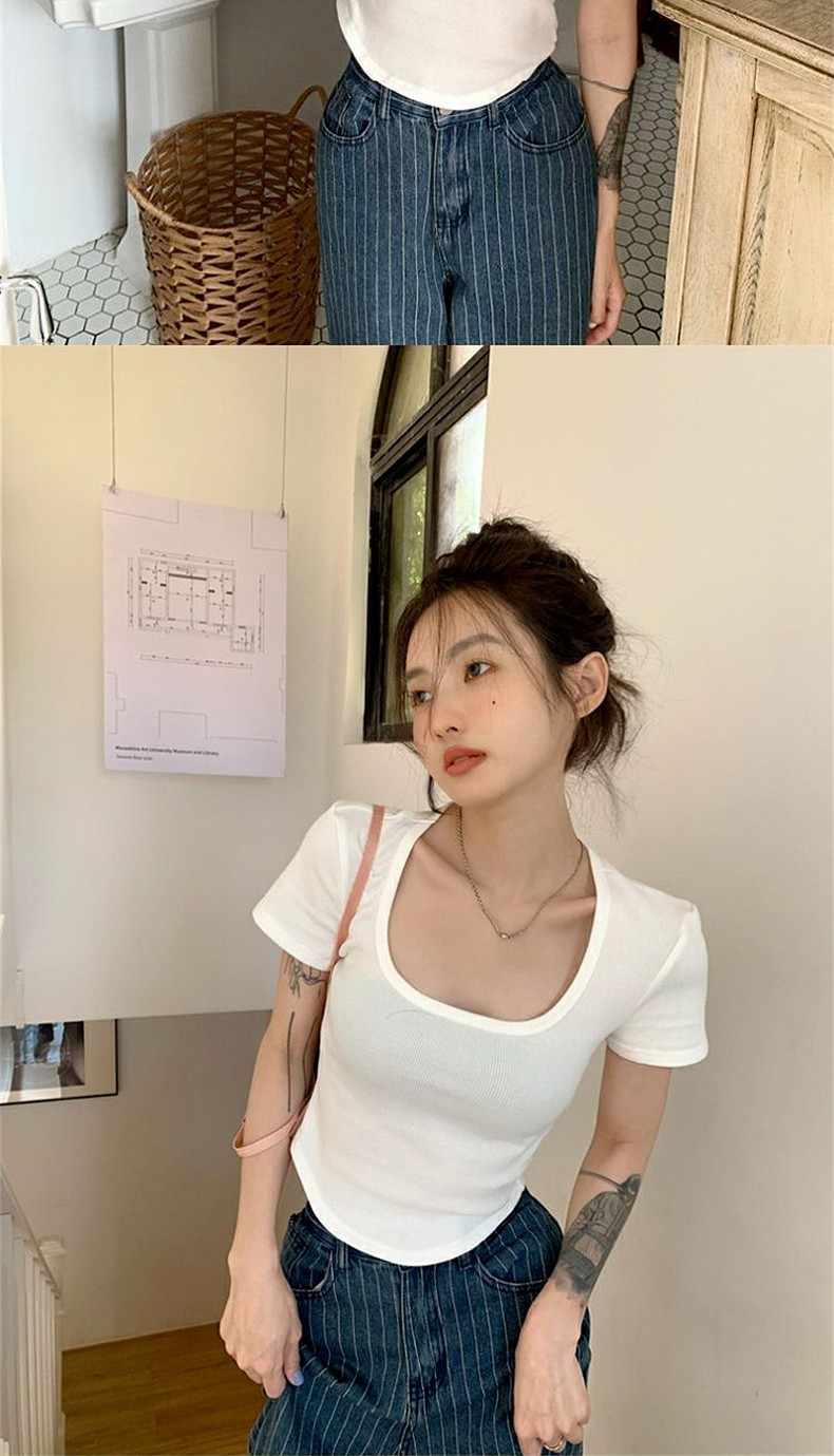 纯欲甜辣妹正肩方领短袖T恤女夏季ins设计感小众百搭显瘦短款上衣详情20