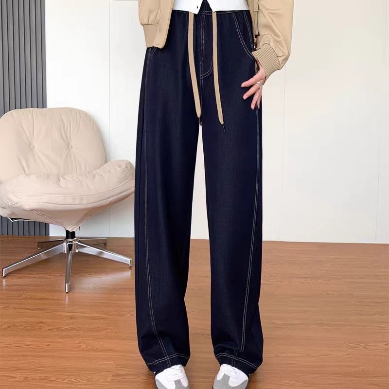 深蓝色明线弯刀高腰显瘦阔腿裤女2025夏季高腰宽松休闲香蕉牛仔裤详情16