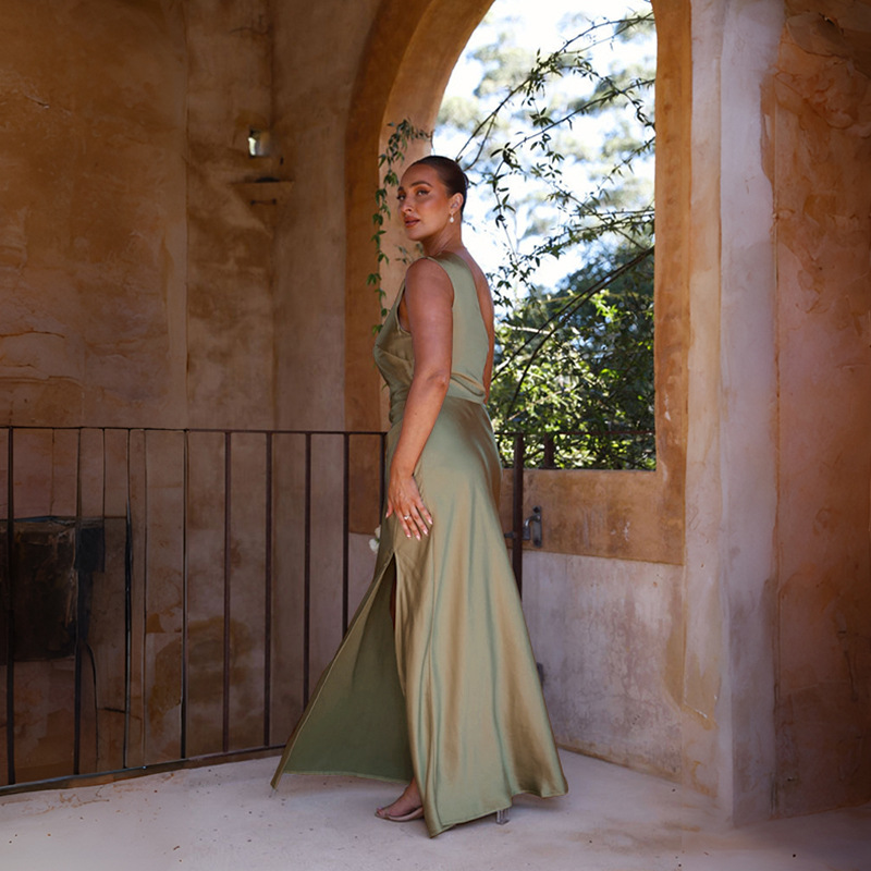 Cross-border Amazon 2024 Spring/Summer, European and American style, slimming, single-shoulder, socialite style, slit, sexy satin dress for women pic 45