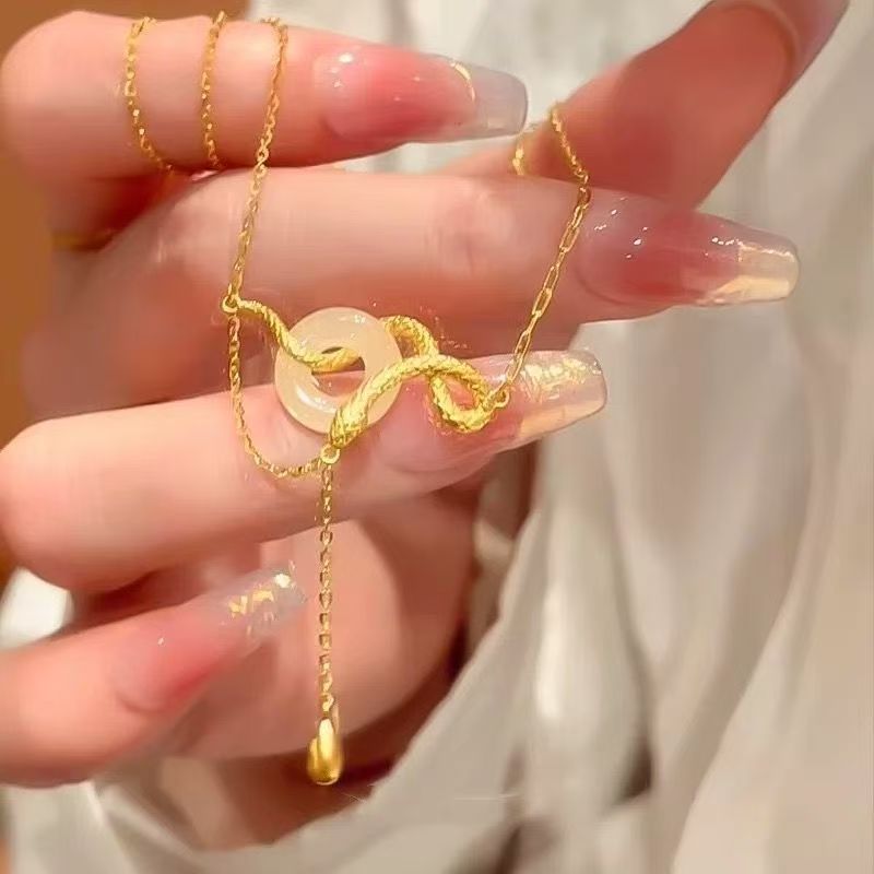 蛇项链女复古精致黄金色灵蛇平安扣吊坠小众设计 感气质锁骨链详情2