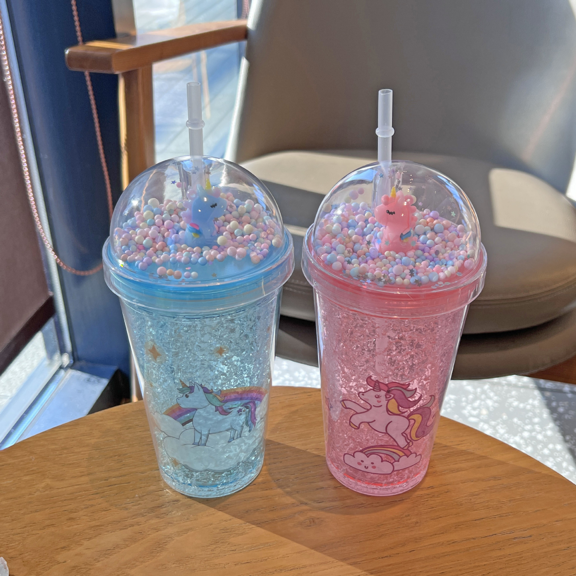 外贸新款卡通独角兽儿童吸管杯双层碎冰杯网红高颜值塑料水杯批发详情5