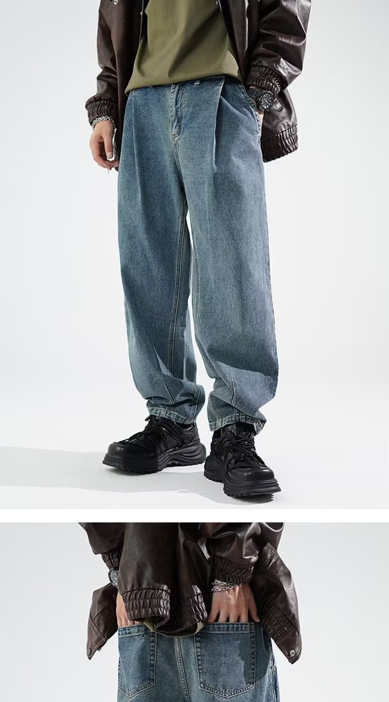FUIV American-style jeans for men, washed and aged, high street straight, loose, trendy brand wide-leg long pants for men pic 13