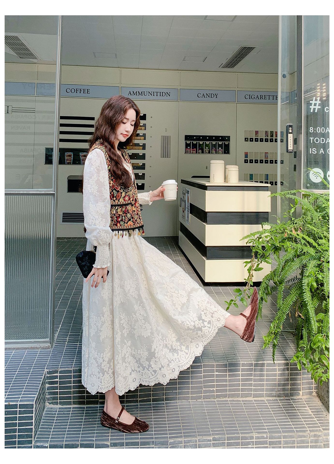 Real shot Bohemian fringed vest jacquard long dress two-piece set 2025 autumn collection lace patchwork V-neck dress pic 35