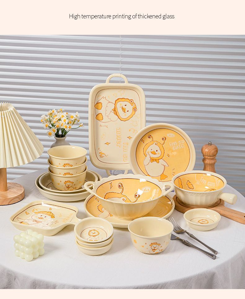 Cute duck cartoon ceramic bowls, plates and tableware on Instagram, high appearance level, cream style double-ear soup bowls, noodle bowls, vegetable plates and tableware pic 16