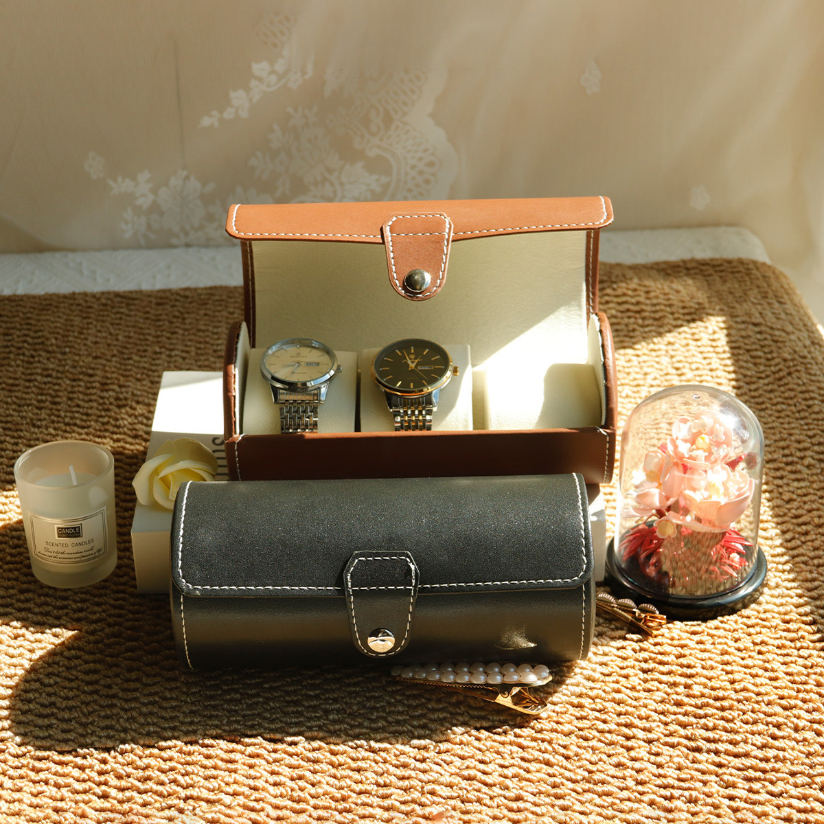 圆筒式防尘手表收纳盒便携腕表首饰盒简约皮质手链展示盒子手表盒详情4