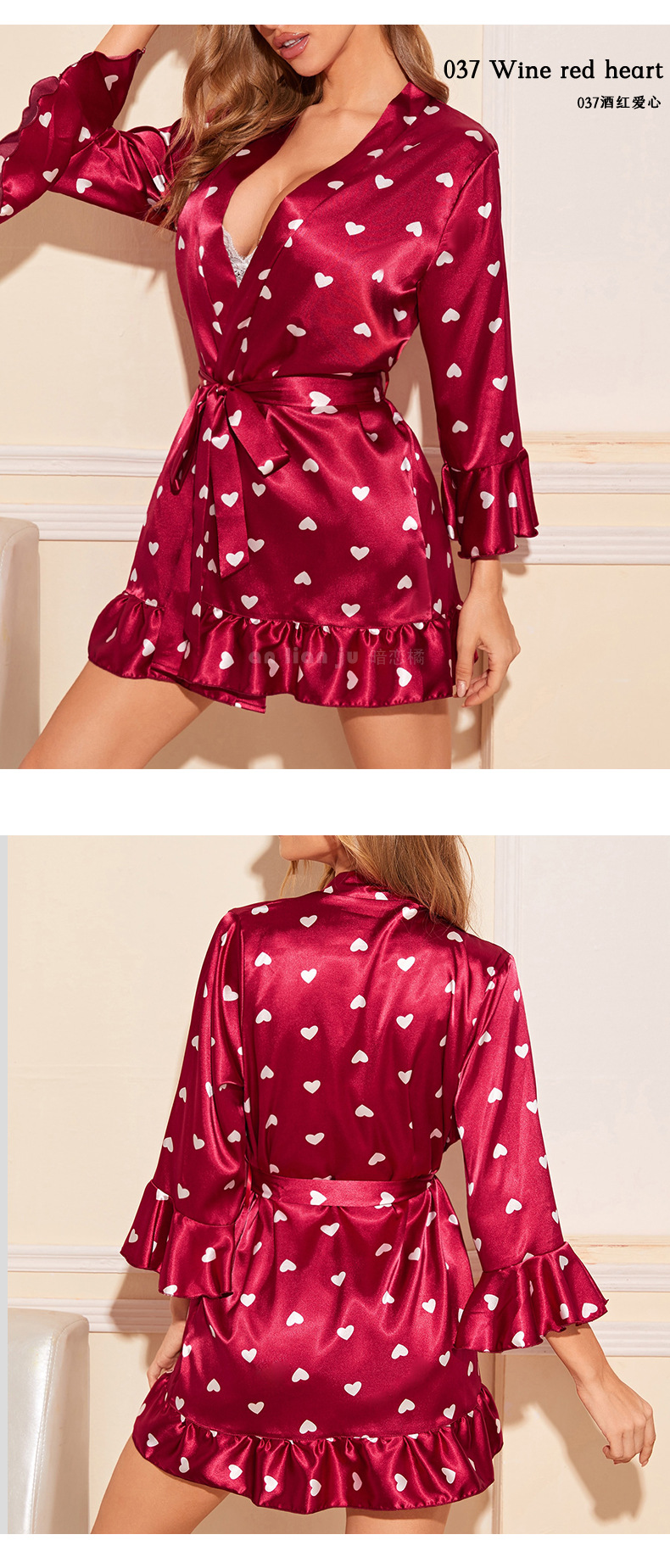 Amazon cross-border Sardinian printed leaf-edge pajamas for women, summer silk bathrobes and bathrobes for home wear 6057 pic 15