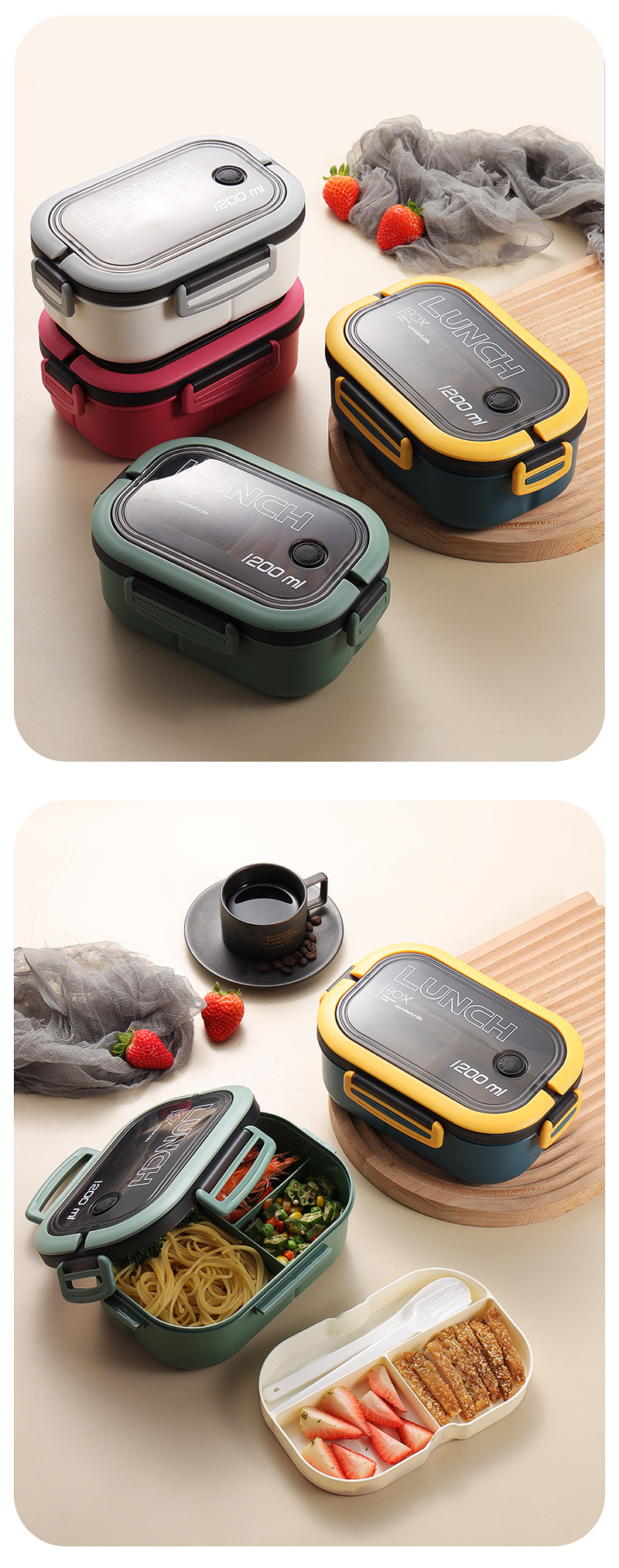 The student lunch box is made of thickened PP plastic with compartments. It is a double-layer lunch box for office workers and can be heated in a microwave oven pic 12