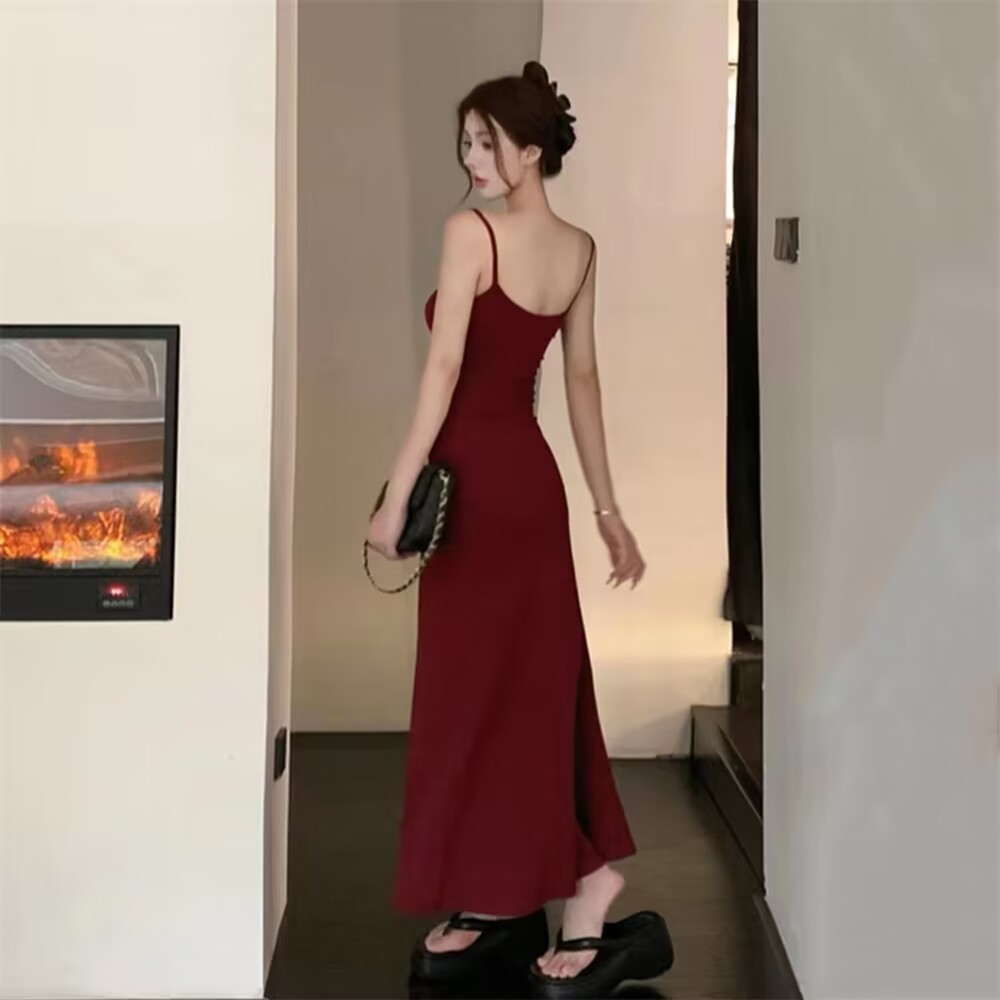 2025夏季辣妹弹力吊带连衣裙子女无袖露肩收腰显瘦一字肩打底长裙详情7