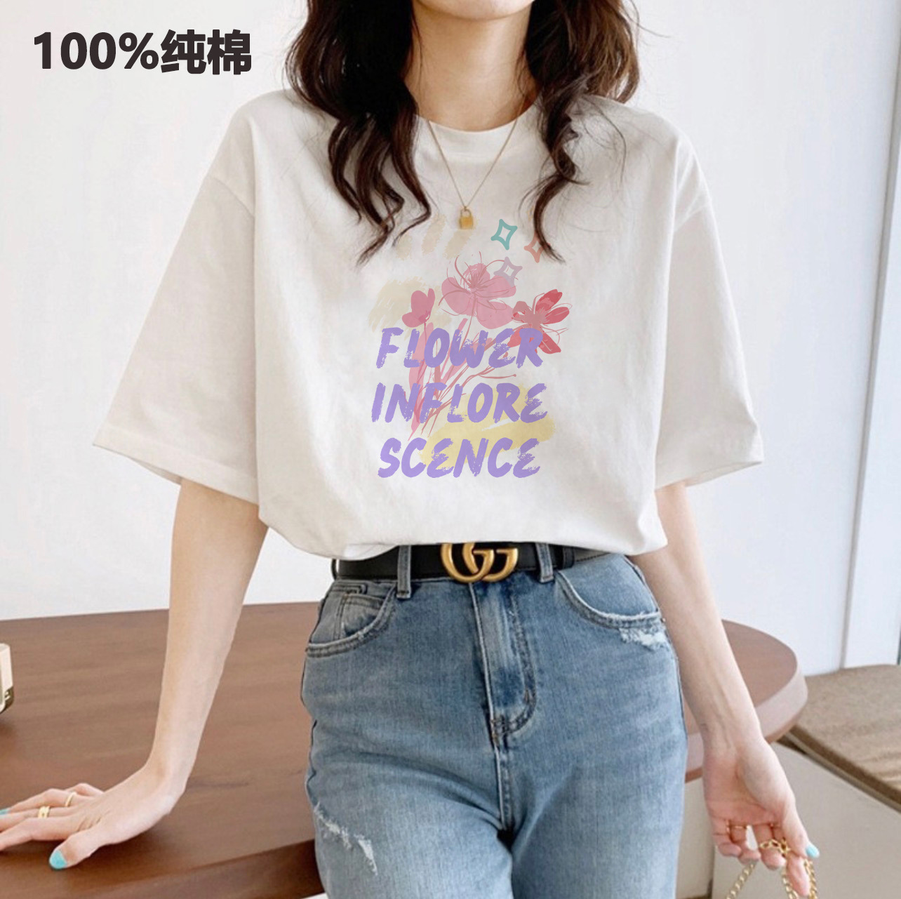 This new pure cotton short-sleeved T-shirt is a perfect match for women in summer. It features a printed off-the-shoulder top with a loose round neck and a Korean-style Instagram inside pic 7