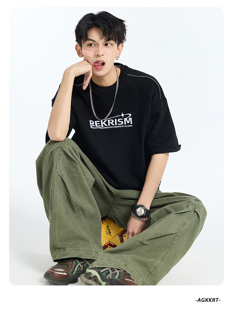 Heavy cotton short-sleeved T-shirt for men, Spring/Summer 2025, American letter print zipper design, loose and versatile base layer pic 17