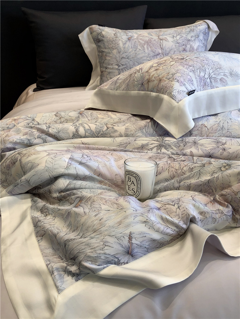 Cool ultra-fine denier Tencel summer light and cool condensation filament four-piece set, elegant printed sweat-absorbing nude bedding pic 59