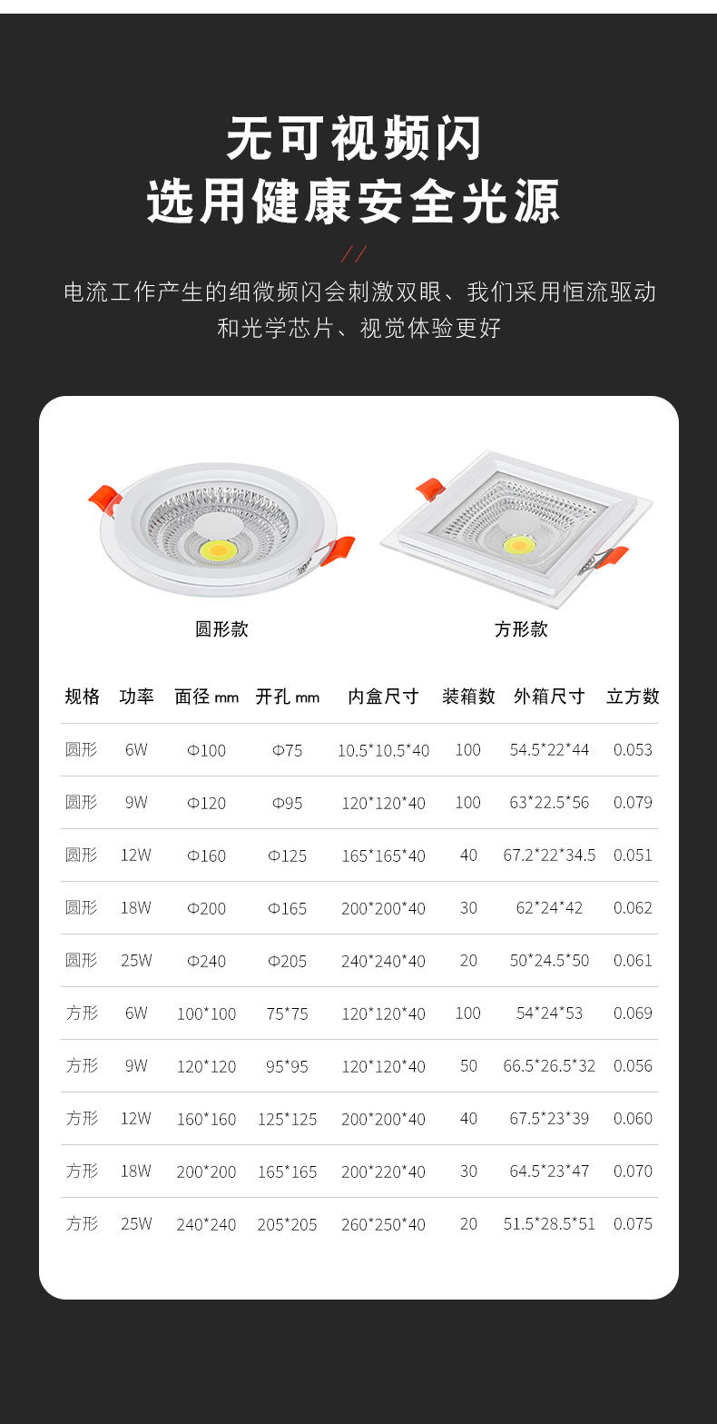 LED玻璃面板灯圆形筒灯三色变光玻璃天花灯嵌入式射灯源头工厂详情10