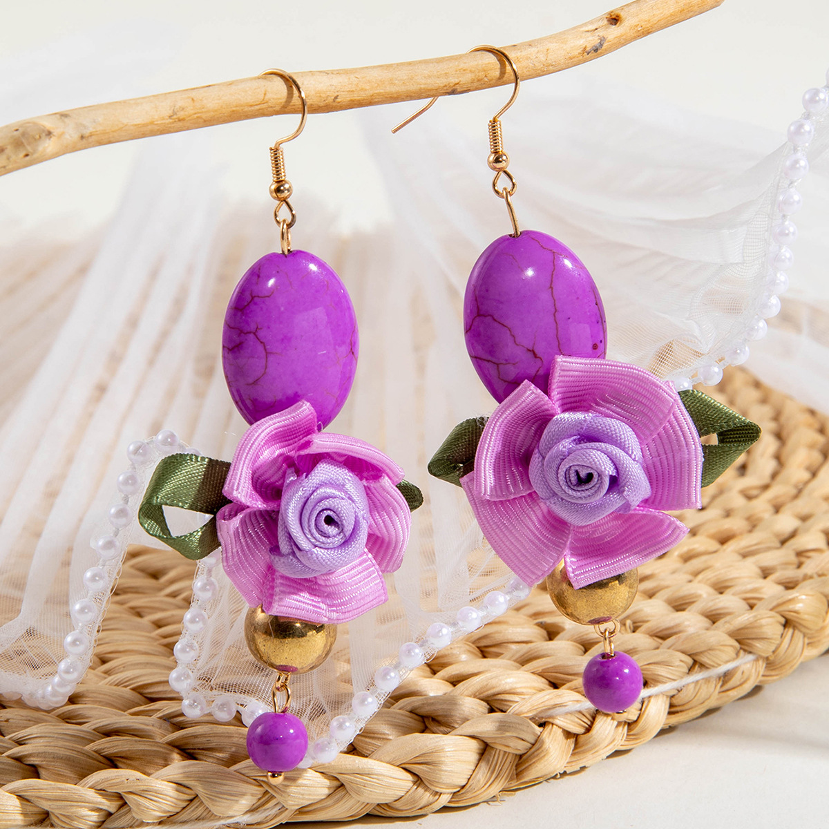 欧美跨境个性饰品紫色椭圆松石耳坠小众设计感玫瑰花朵耳环耳饰女详情3