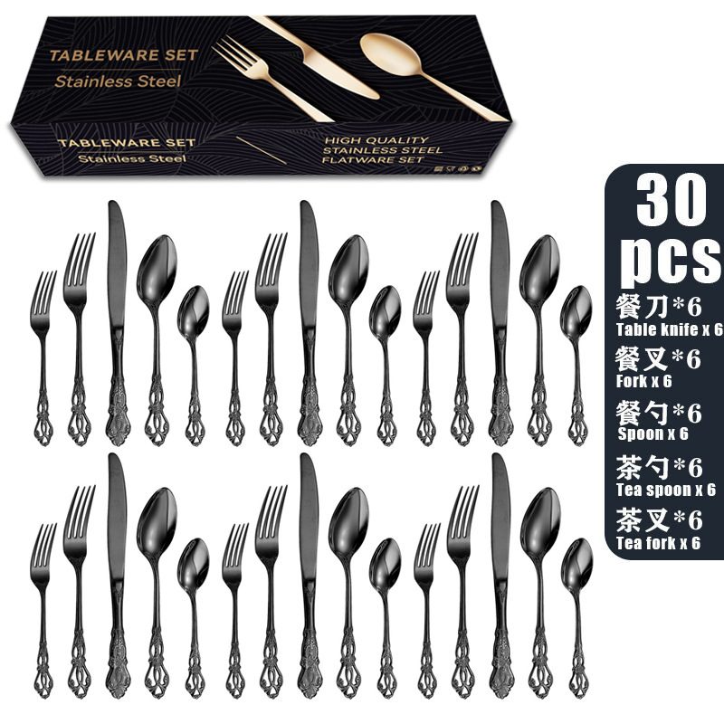 跨境亚马逊 皇庭不锈钢餐具套装20-30件套刀叉勺镂空雕花礼盒套装详情17