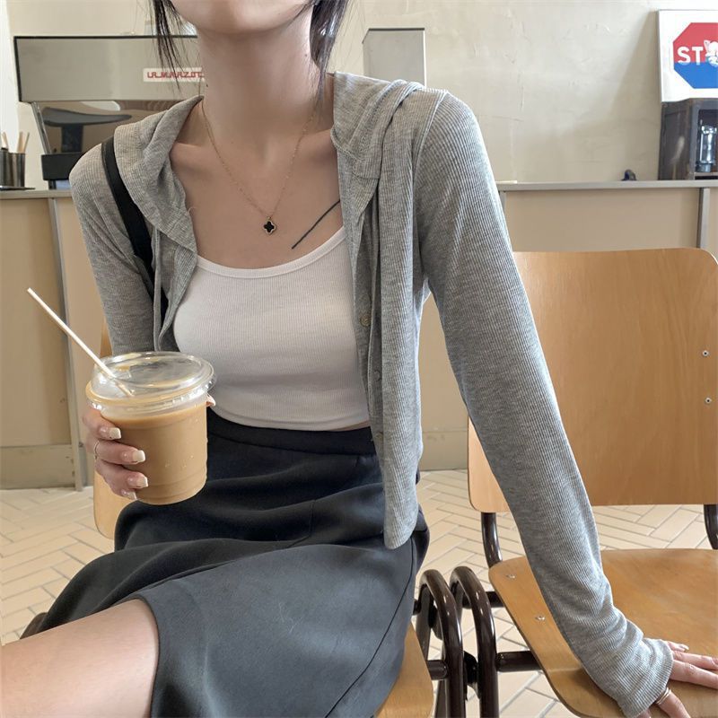 软糯连帽长袖开衫短外套女2023新款秋季懒惰风修身短款打底衫上衣详情11