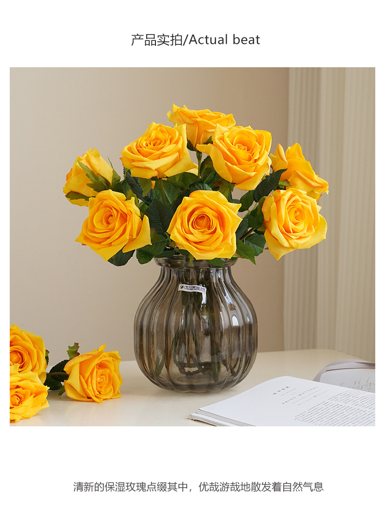 Single moisturizing rose artificial flower, Nordic simulation flower, living room dining table, TV cabinet decoration, hand feel moisturizing rose pic 19