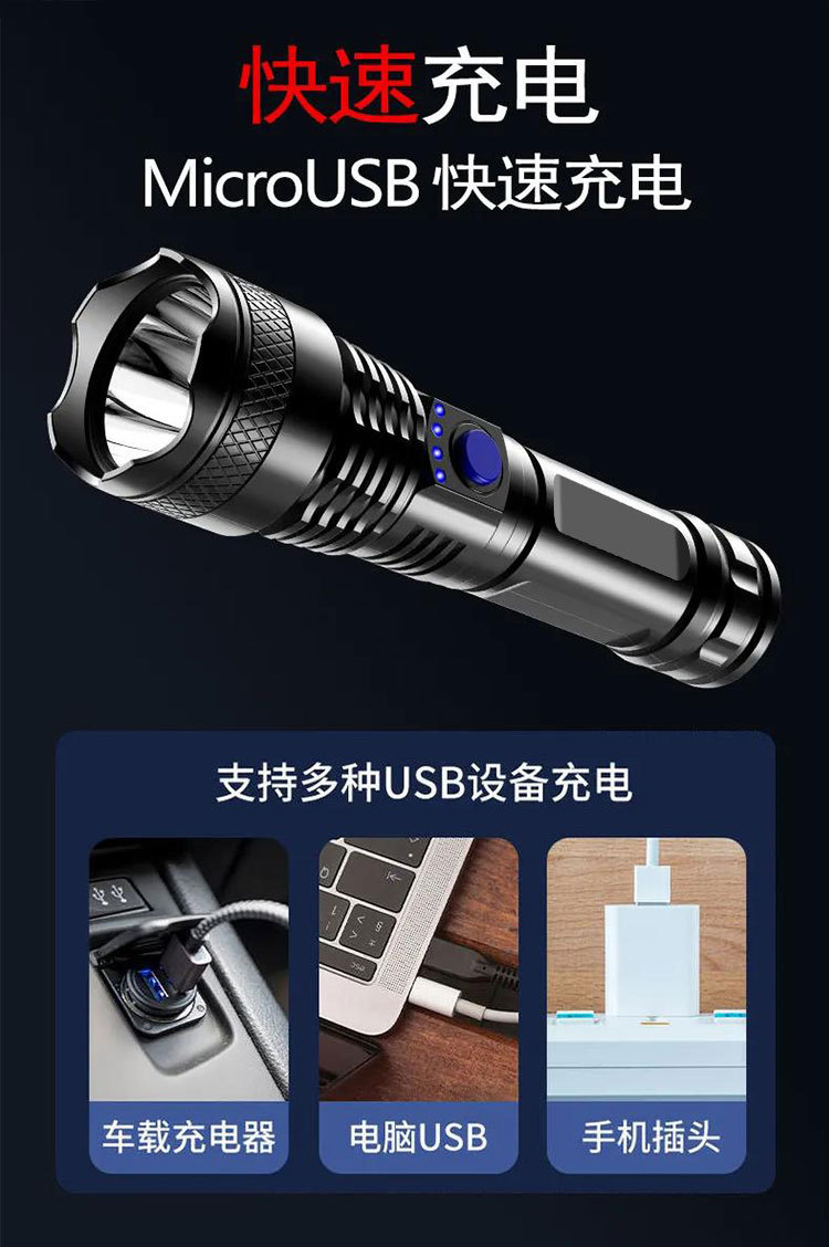 跨境爆款ABS强光LED手电USB充电显示户外家用便携夜钓露营手电筒详情8